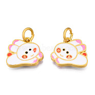 Alloy Enamel Charms, with Jump Rings, Matte Gold Color, Cadmium Free & Lead Free, Rabbit, Pearl Pink, 13x15x2mm, Jump Ring: 6x1mm, 4mm inner diameter(KK-N238-073)