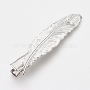 Rack Plating Hair Accessories Iron Alligator Hair Clip Findings, with Brass Findings, Feather, Platinum, 54x12x9.5mm(X-MAK-WH0002-04P)
