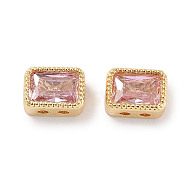 Brass Micro Pave Cubic Zirconia Beads, Rectangle, Pink, 7x5x3.5mm, Hole: 1mm(KK-C051-48G-01)