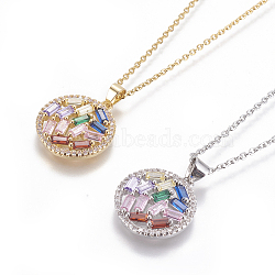 304 Stainless Steel Pendant Necklaces, with Brass Cubic Zirconia Pendants, Flat Round, Mixed Color, 17.32 inch~17.71 inch(44~45cm), Pendant: 20x18x3.5mm(NJEW-E141-06)
