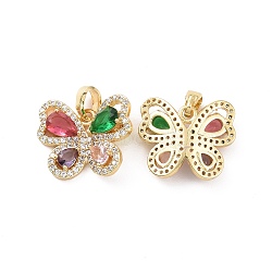 Brass Micro Pave Cubic Zirconia Pendants, Real 18K Gold Plated, Butterfly Charms, Colorful, 14x16.5x5mm, Hole: 4.5x2.5mm(KK-E068-VC404)