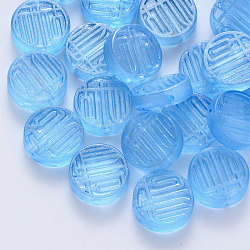 Transparent Spray Painted Glass Beads, with Glitter Powder, Flat Round, Deep Sky Blue, 12x4mm, Hole: 1mm(GLAA-S190-007A-03)