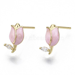 Brass Micro Pave Clear Cubic Zirconia Stud Earring, with Enamel and Stainless Steel Pins, Nickel Free, Flower, Real 18K Gold Plated, Pink, 11x6mm, Pin: 0.7mm(X-KK-N232-118A-NF)