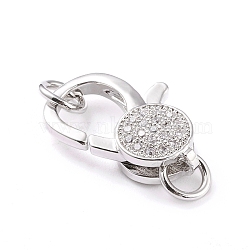 Brass Micro Pave Clear Cubic Zirconia Lobster Claw Clasp, with Jump Rings, Long-Lasting Plated, Platinum, 20x13x5mm, Hole: 4mm(ZIRC-I043-30A-P-02)