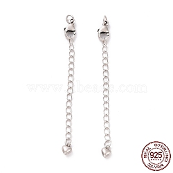 925 Sterling Silver Chain Extenders, with Lobster Claw Clasps & Charms, Heart, Antique Silver, 61x2.5mm, Hole: 2.4mm(STER-D036-28AS)
