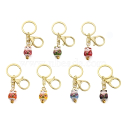 Fortune Cat Porcelain Pendant Keychain, with Iron Keychain Ring and Alloy Lobster Claw Clasps, Mixed Color, 8.7cm(KEYC-G064-02)