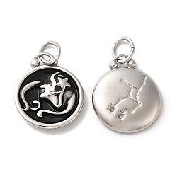 304 Stainless Steel Enamel Pendants, with Jump Ring, Flat Round with Constellation, Stainless Steel Color, Virgo, 20.5x17x2.5~3.5mm, Hole: 4x6mm(STAS-A080-43P-06)