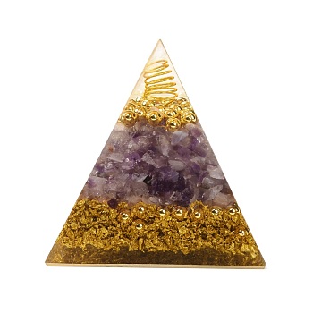 Orgonite Pyramid, Resin Pointed Home Display Decorations, with Natural Amethyst and Metal Findings inside, 52.5x54x52mm