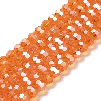 Transparent Glass Beads, 32 Facets, AB Color Plated, Round, Dark Orange, 8x7~7.5mm, Hole: 1.5mm, about 66pcs/strand, 18.82''~19.06''(47.8~48.4cm)