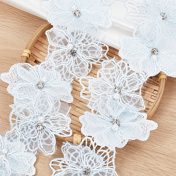 Double Layer Polyester Flower Lace Ribbons, with Glass and Imitation Pearl Beads, Light Sky Blue, 3-1/8 inch(80mm)