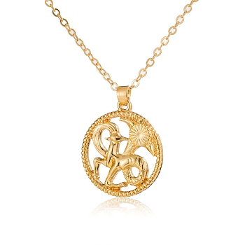 Alloy Flat Round with Constellation Pendant Necklaces, Cable Chain Necklace for Women, Capricorn, Pendant: 2.2cm