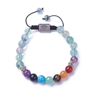 Chakra Jewelry, Natural & Synthetic Mixed Stone Braided Bead Bracelets, with Natural Fluorite, Alloy Findings and Nylon Cord, Rectangle with Tree, 52~76mm