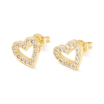 Clear Cubic Zirconia Open Heart Stud Earrings, Brass Jewelry for Women, Cadmium Free & Nickel Free & Lead Free, Real 18K Gold Plated, 9x10.5mm, Pin: 0.7mm