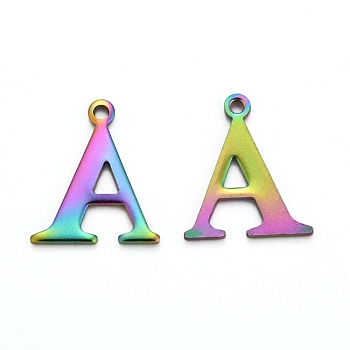 Ion Plating(IP) 304 Stainless Steel Alphabet Charms, Rainbow Color, Letter.A, 12x10.5x1mm, Hole: 1mm