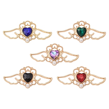 5Pcs 5 Colors Rack Plating Alloy Rhinestone Pendants, with Plastic Imitation Pearl, Wing with Heart Charms, Mixed Color, 19.5x41x4.5mm, 1Pc/color