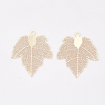 Autumn Theme Brass Pendants, Etched Metal Embellishments, Long-Lasting Plated, Maple Leaf, Light Gold, 30x25x0.4mm, Hole: 1.6mm