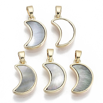 Natural Black Lip Shell Pendants, with Brass Findings, Nickel Free, Moon, Real 18K Gold Plated, 16x10x3mm, Hole: 2x4mm