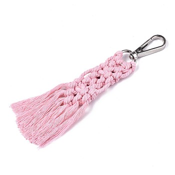 Polycotton(Polyester Cotton) Tassel Big Pendants Decorations, with Platinum Plated Alloy Swivel Clasps, Pink, 150mm~160mm