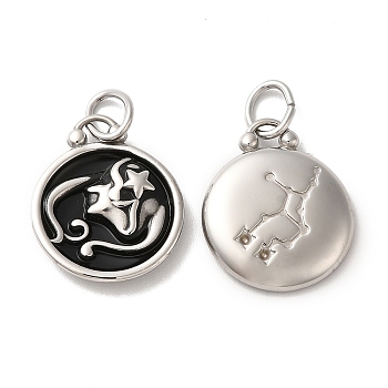 304 Stainless Steel Enamel Pendants, with Jump Ring, Flat Round with Constellation, Stainless Steel Color, Virgo, 20.5x17x2.5~3.5mm, Hole: 4x6mm