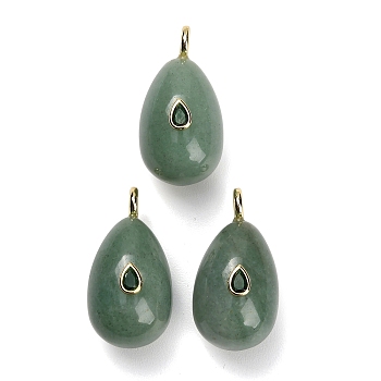 Natural Green Aventurine Pendants, Teardrop Charms, with Brass Pave Cubic Zirconia Findings, Golden, 38~39.5x20~21x21.5~22.5mm, Hole: 4.5mm