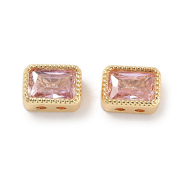 Brass Micro Pave Cubic Zirconia Beads, Rectangle, Pink, 7x5x3.5mm, Hole: 1mm