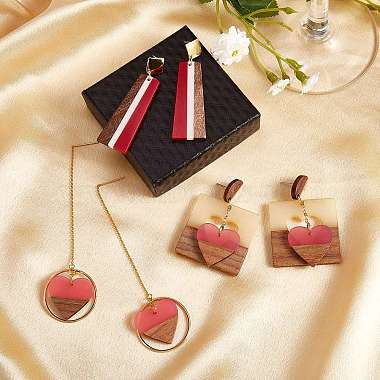 3 Pairs 3 Style Heart & Trapezoid & Square Resin & Walnut Wood Dangle Stud Earring(EJEW-SW00014-01)-5