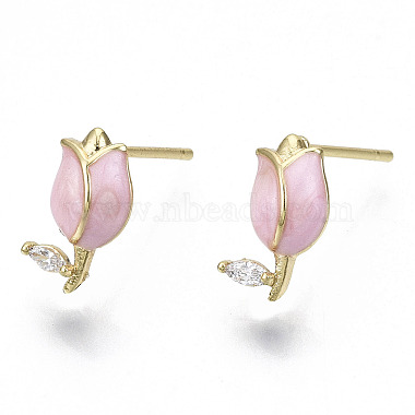Pink Flower Brass Stud Earrings