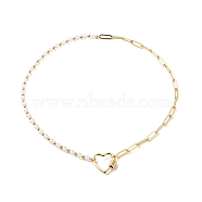 Cubic Zirconia Round Beaded Necklace, Brass Paperclip Chains Necklace with Screw Carabiner Heart Lock Clasp for Women, Golden, Clear, 16.14 inch(41cm)(NJEW-JN03851-01)