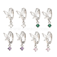 Butterfly Platinum Brass Dangle Hoop Earrings, with Clear Cubic Zirconia, Long-Lasting Plated, Lead Free & Cadmium Free, Mixed Color, 18x7.5mm(EJEW-L270-11P)