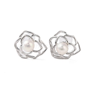 925 Sterling Silver Studs Earring, with Natural Pearl, Flower, Platinum, 12x14mm(EJEW-H002-19P)