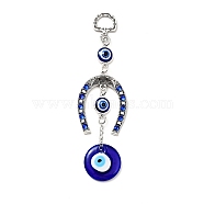 Horse Shoe Pendant Decorations, Handmade Lampwork & Alloy Rhinestone & Resin Evil Eye Hanging Ornaments, Turkish Amulet Good Luck Charm, Antique Silver, 140mm, Hole: 13.5x9.5mm (X1-HJEW-H058-04)