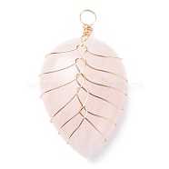 Natural Rose Quartz Pendants, with Light Gold Tone Copper Wire Wrapped, Water Drop, 42~44x25x9~10mm, Hole: 4mm(PALLOY-JF01292-01)