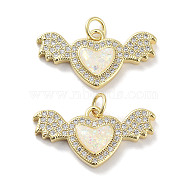 Brass Micro Pave Clear Cubic Zirconia Pendants, with Synthetic Opal and Jump Rings, Real 18K Gold Plated, Heart wirh Wing Charms, White, 12.5x24.5x3mm, Hole: 3mm(KK-L213-011G-02)