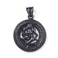304 Stainless Steel Big Pendants, Hip-Hop Pendants, Flat Round with Constellations, Electrophoresis Black, Virgo, 42~44x30~30.5x5~5.5mm, Hole: 8x5mm(STAS-L240-002A)