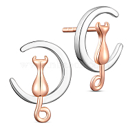 SHEGRACE 925 Sterling Silver Kitten Stud Earrings, Crescent Moon with Cat, Platinum & Rose Gold, 18x13.2mm(JE395F)