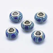 Handmade Polymer Clay European Beads, with Silver Color Plated Brass Cores, Large Hole Beads, Rondelle, Prussian Blue, 13~16x8~11mm, Hole: 4.5~5mm(CLAY-K002-C21)