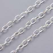 Iron Cable Chains, Textured, Unwelded, with Spool, Flat Oval, Silver Color Plated, 7x4.5x1mm, about 328.08 Feet(100m)/roll(CHT008Y-S)