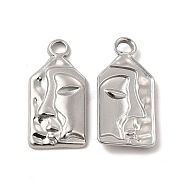 304 Stainless Steel Pendants, Rectangle with Human Face Charm, Stainless Steel Color, 22x11x3mm, Hole: 2.3mm(STAS-I671-15P)