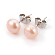 Natural Pearl Beads Ear Studs, with 304 Stainless Steel Findings, Round, Pink, 16~18x5~7mm, Pin: 0.7mm(EJEW-JE02880-03)