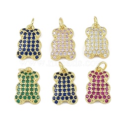 Brass Micro Pave Cubic Zirconia Pendants, Real 18K Gold Plated, Bear, Mixed Color, 16x10.5x3.5mm, Hole: 3mm(KK-P266-07G)