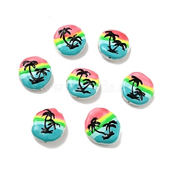 Flat Round Enamel Natural Pearl Beads, Coconut Tree Pattern, Colorful, 17x16x5mm, Hole: 1mm(BSHE-G028-01D)