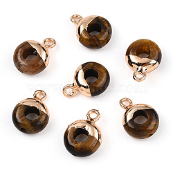 Natural Tiger Eye Flat Round/Donut Charms, with Rack Plating Golden Tone Brass Loops, 14x10mm(G-I347-07)