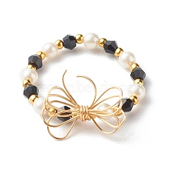 Imitate Austrian Crystal Bicone Glass Beaded Finger Rings, with Round Shell Pearl Beads and 304 Stainless Steel Round Beads, Eco-Friendly Copper Wire, Bowknot, Real 18K Gold Plated, Black, US Size 9(18.9mm)(X1-RJEW-TA00003-05)