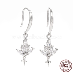 Rhodium Plated 925 Sterling Silver Earring Hooks, with Cubic Zirconia, Lotus, for Half Drilled Beads, Platinum, 30mm, 21 Gauge, Pin: 0.7mm, Pin: 0.6mm, Tray: 6x3mm(STER-D035-27P)