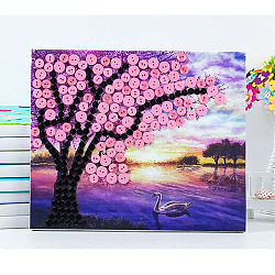 Creative DIY Tree & Lake Pattern Resin Button Art, with Canvas Painting Paper and Wood Frame, Educational Craft Painting Sticky Toys for Kids, Purple, 30x25x1.3cm(DIY-Z007-35)