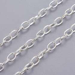 Iron Cable Chains, Textured, Unwelded, with Spool, Flat Oval, Silver Color Plated, 7x4.5x1mm, about 328.08 Feet(100m)/roll(CHT008Y-S)