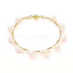 Natural Pearl Braided Bangle for Teen Girl Women, Brass Bangle with Magnetic Clasps, Golden, Inner Diameter: 2-1/4 inch(5.6cm)(BJEW-JB06828)