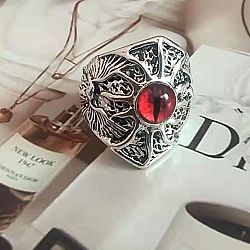 Hip-hop Style 201 Stainless Steel and Glass Finger Rings, Eagle Eye, Antique Silver, Red, Inner Diameter: 15~20mm(FS-WG99B6A-03)