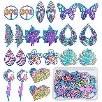 24Pcs 12 Style 201 Stainless Steel Filigree Pendants, Etched Metal Embellishments, Mixed Shapes, Rainbow Color, 2pcs/style