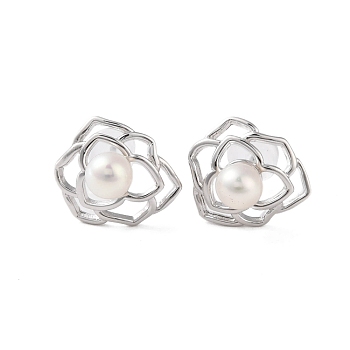 925 Sterling Silver Studs Earring, with Natural Pearl, Flower, Platinum, 12x14mm
